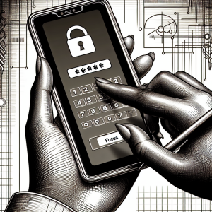 Illustration of hand holding smartphone with otp code in a digital interface grid setting, with a focused mood.