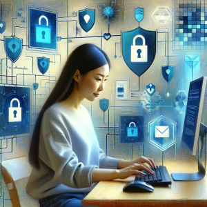 Illustration of developer working at computer screen in a abstract cybersecurity pattern setting, with a relaxed mood.