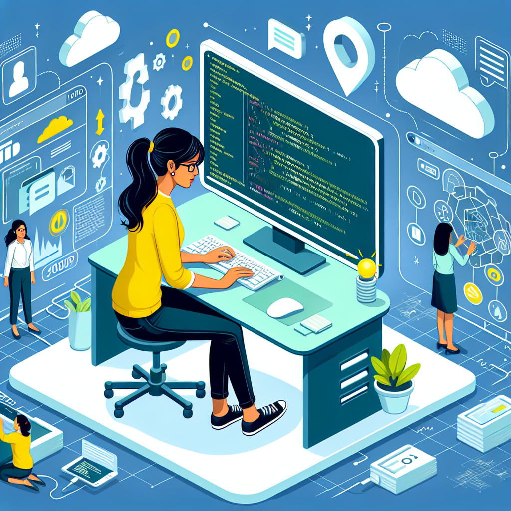 Illustration of developer working at computer screen in a cloud technology overlay setting, with a determined mood.