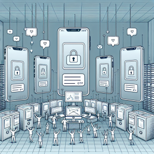 Illustration of multi-device setup receiving otp in a data center interior setting, with a happy mood.