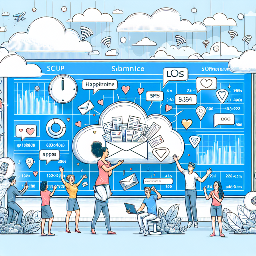 Illustration of dashboard rendering sms logs in a cloud technology overlay setting, with a happy mood.