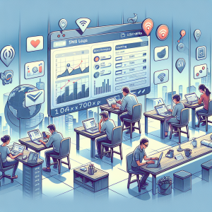 Illustration of dashboard rendering sms logs in a mobile signal icons setting, with a focused mood.