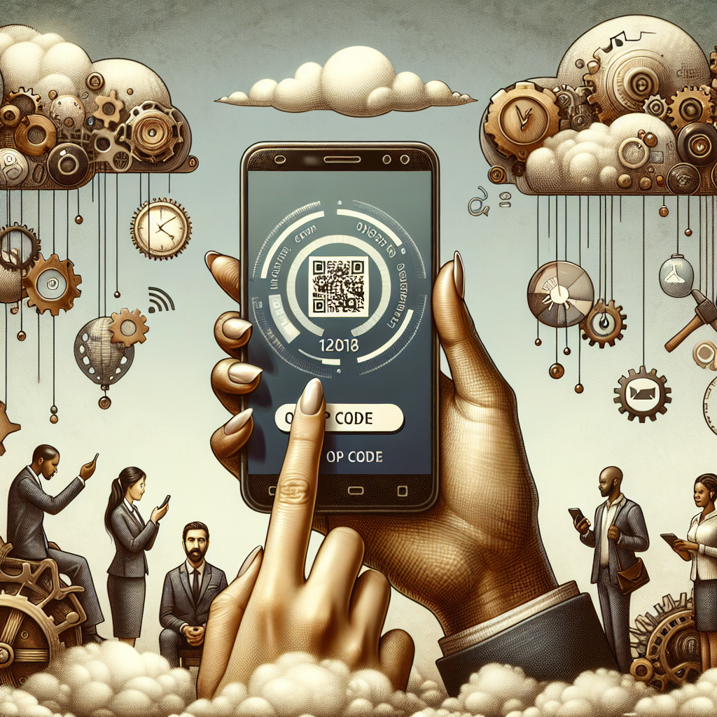 Illustration of hand holding smartphone with otp code in a cloud technology overlay setting, with a creative mood.