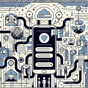 Illustration of sms api integration diagram in a abstract cybersecurity pattern setting, with a determined mood.