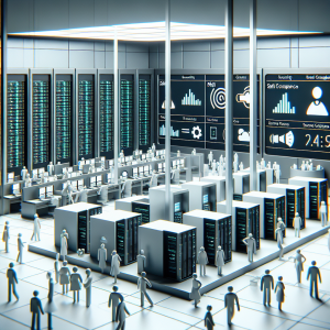Illustration of dashboard rendering sms logs in a data center interior setting, with a creative mood.