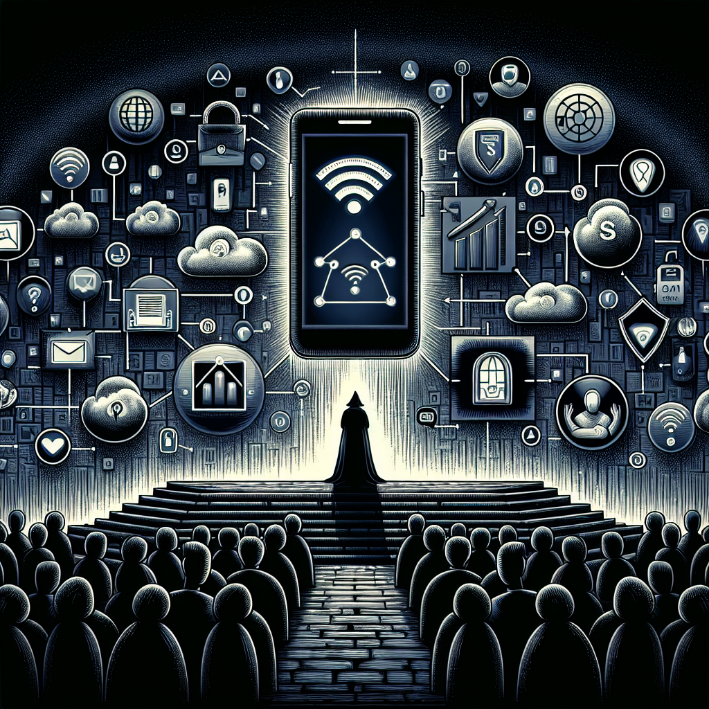 Illustration of sms api integration diagram in a mobile signal icons setting, with a focused mood.
