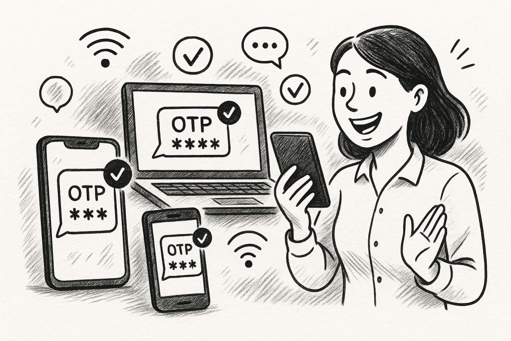 Illustration of multi-device setup receiving otp in a mobile signal icons setting, with a happy mood.