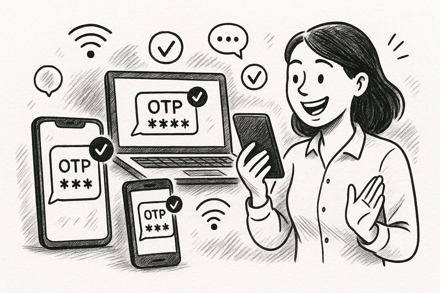 Illustration of multi-device setup receiving otp in a mobile signal icons setting, with a happy mood.