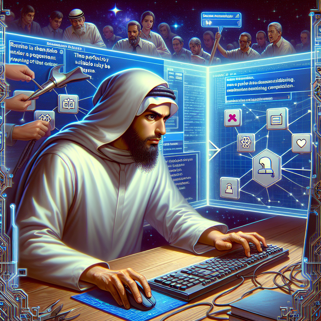 Illustration of developer working at computer screen in a digital interface grid setting, with a determined mood.