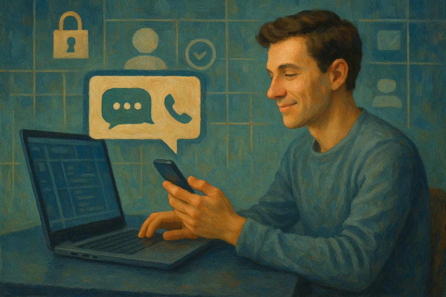 Illustration of sms notification popping up in a digital interface grid setting, with a relaxed mood.