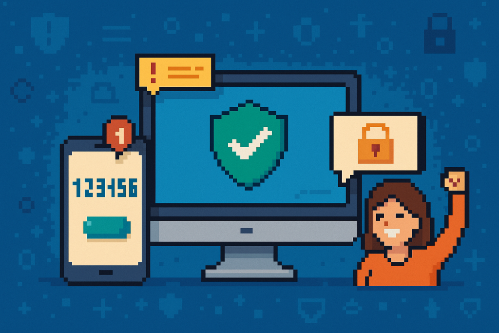 Illustration of multi-device setup receiving otp in a abstract cybersecurity pattern setting, with a happy mood.