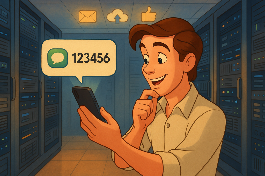 Illustration of sms notification popping up in a data center interior setting, with a relaxed mood.