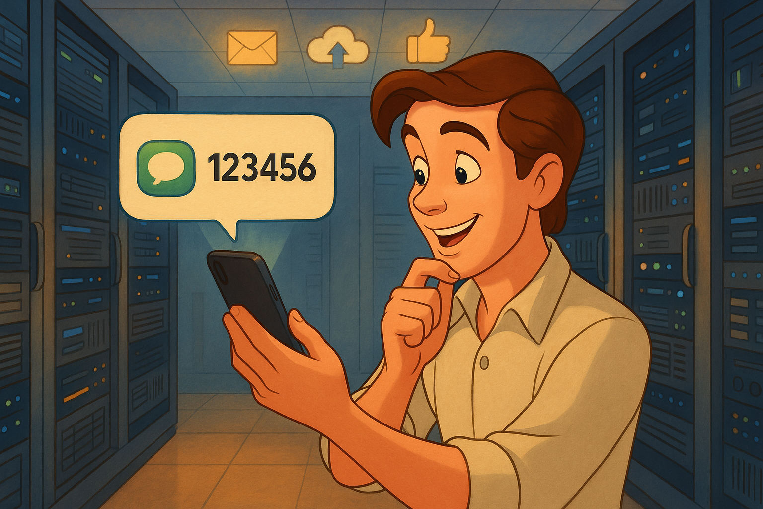Illustration of sms notification popping up in a data center interior setting, with a relaxed mood.