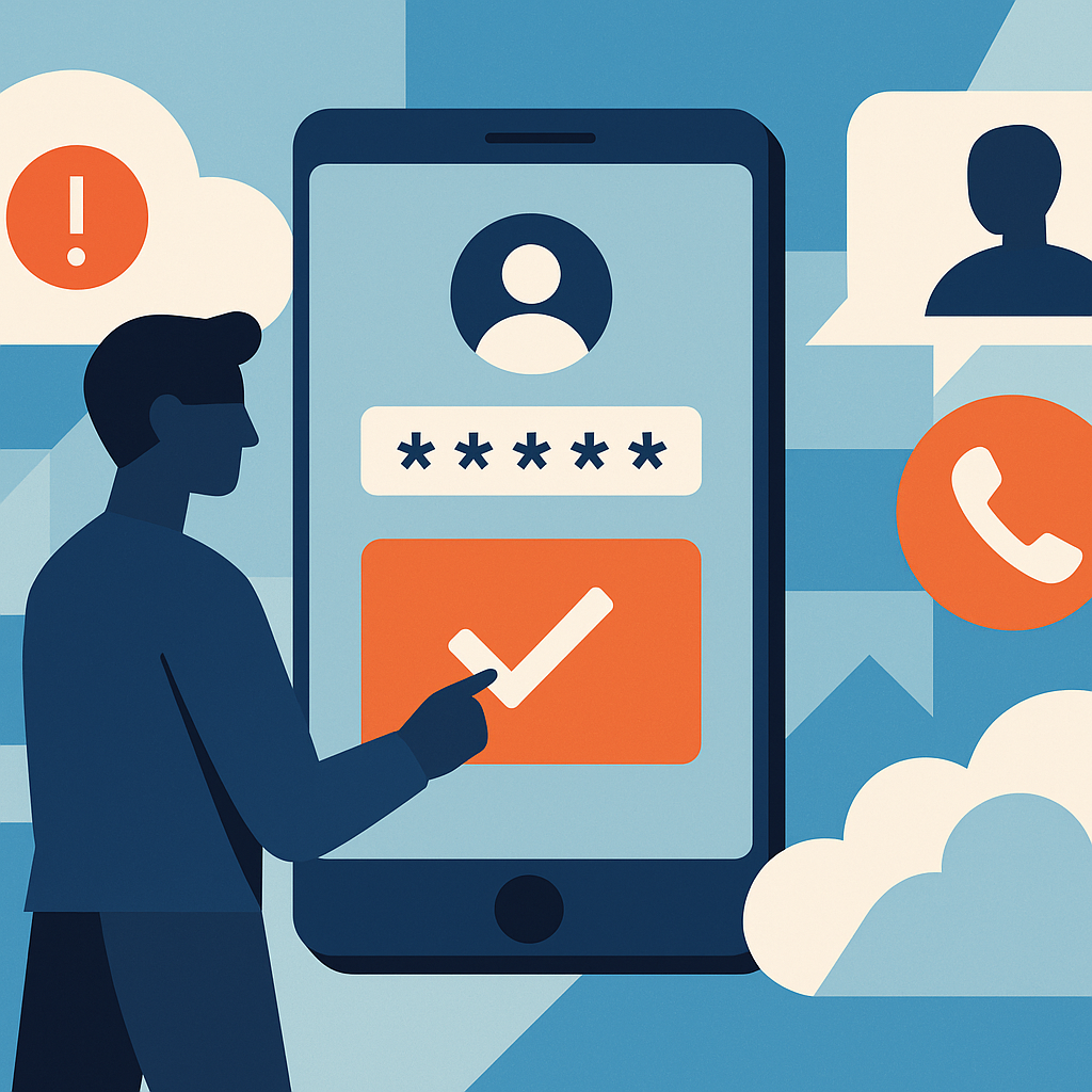 Illustration of user verifying login on app in a cloud technology overlay setting, with a focused mood.