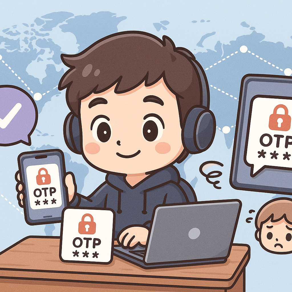 Illustration of multi-device setup receiving otp in a global map with connection nodes setting, with a relaxed mood.
