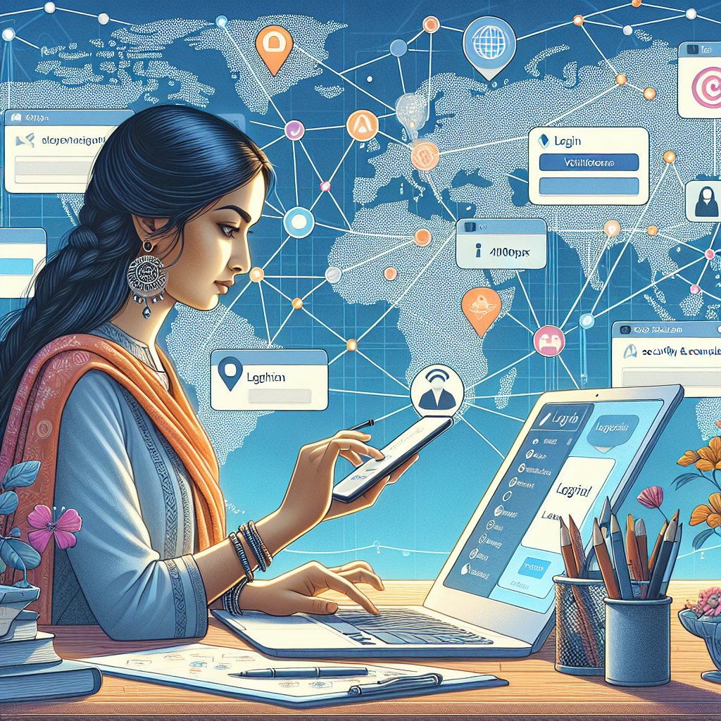 Illustration of user verifying login on app in a global map with connection nodes setting, with a inspired mood.