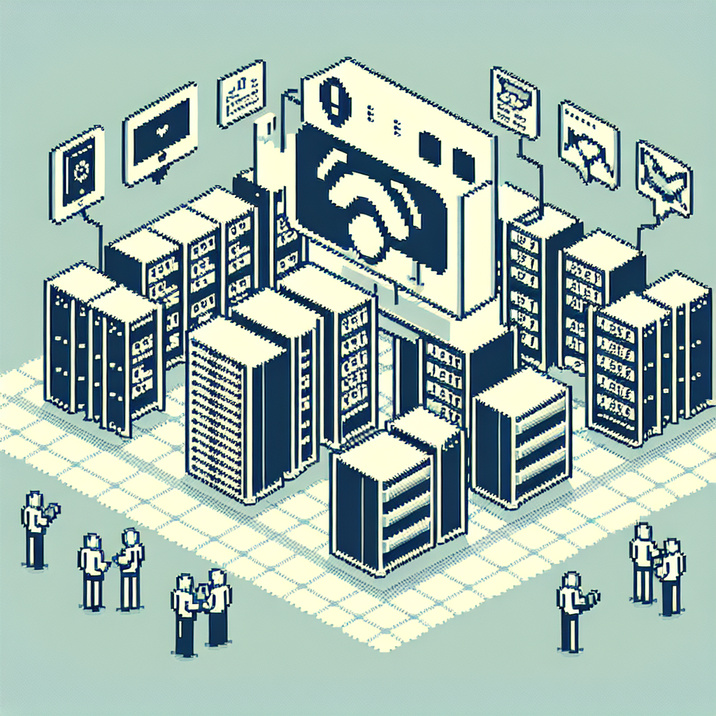 Illustration of sms notification popping up in a data center interior setting, with a inspired mood.