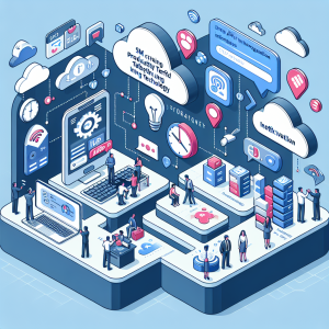 Illustration of sms api integration diagram in a cloud technology overlay setting, with a creative mood.