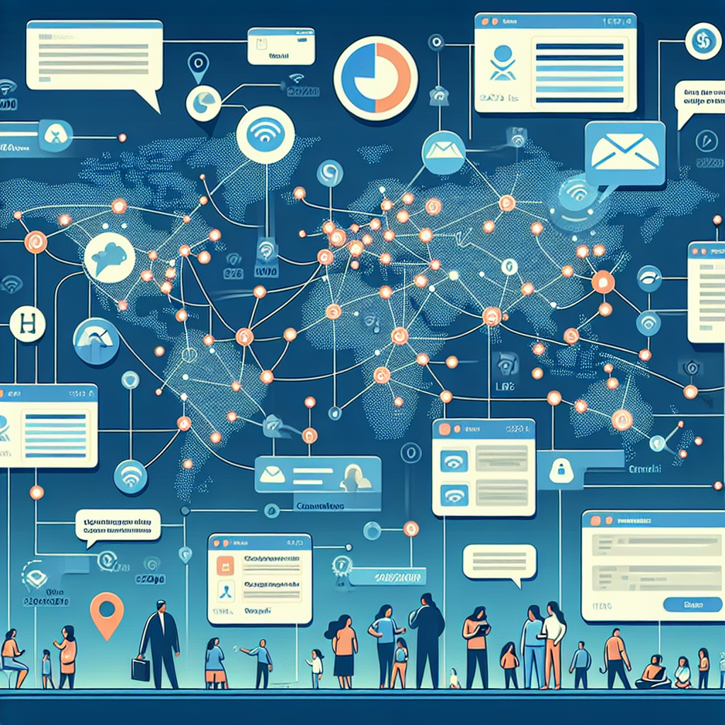 Illustration of dashboard rendering sms logs in a global map with connection nodes setting, with a relaxed mood.
