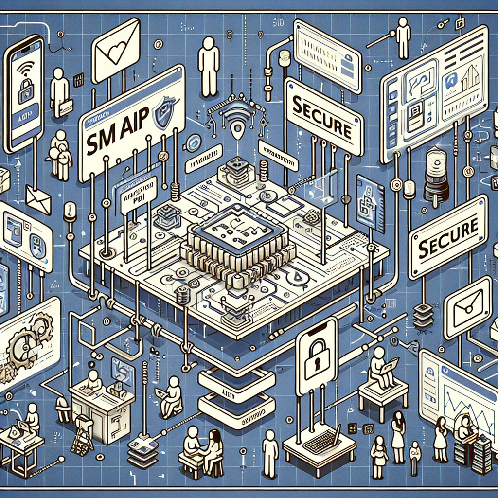 Illustration of sms api integration diagram in a locked circuit board design setting, with a creative mood.