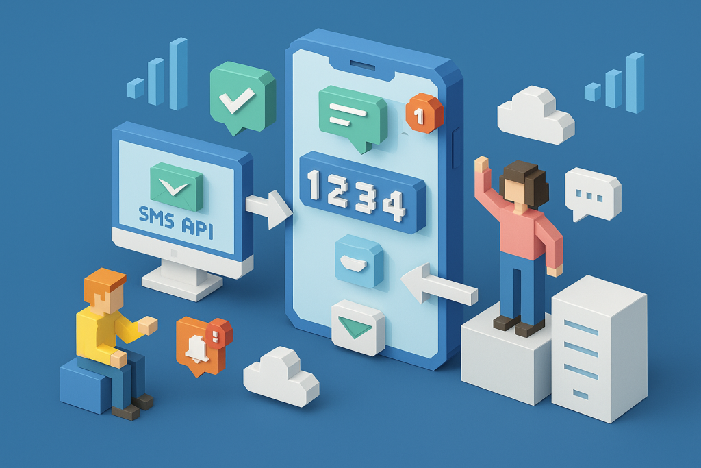 Illustration of sms api integration diagram in a mobile signal icons setting, with a creative mood.