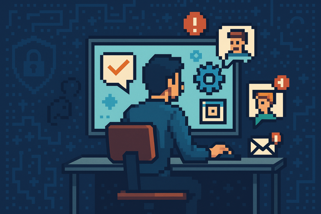 Illustration of developer working at computer screen in a abstract cybersecurity pattern setting, with a determined mood.