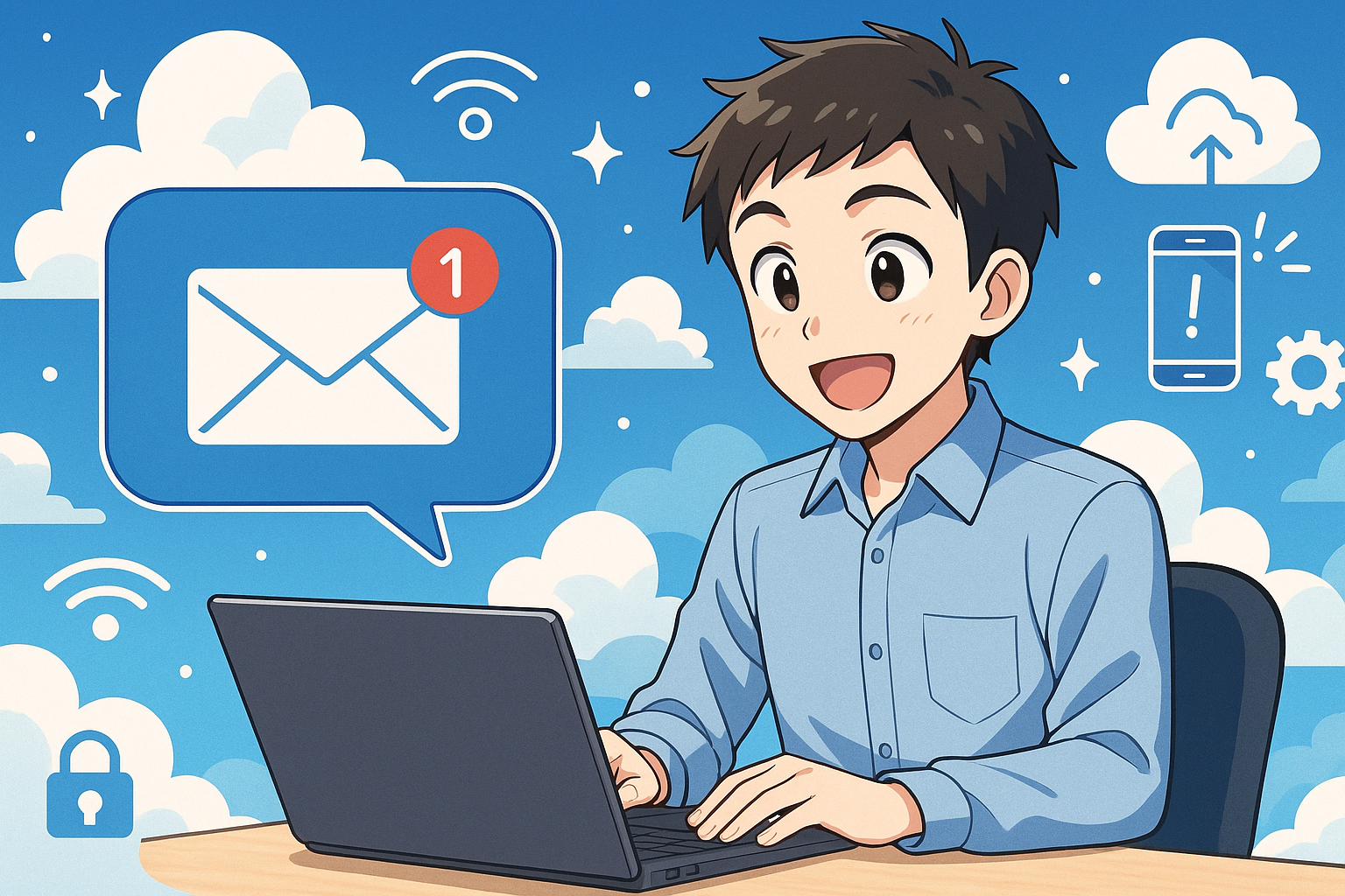 Illustration of sms notification popping up in a cloud technology overlay setting, with a happy mood.