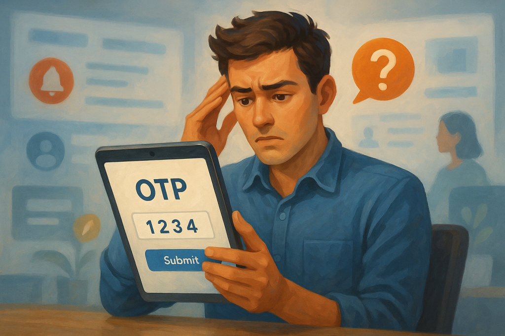 Illustration of otp message displayed on tablet in a dashboard screen blur setting, with a relaxed mood.