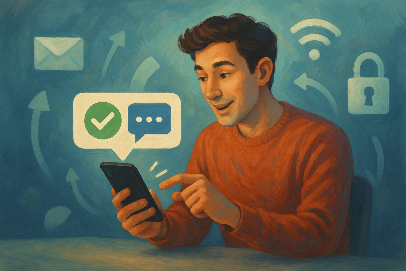 Illustration of sms notification popping up in a mobile signal icons setting, with a creative mood.