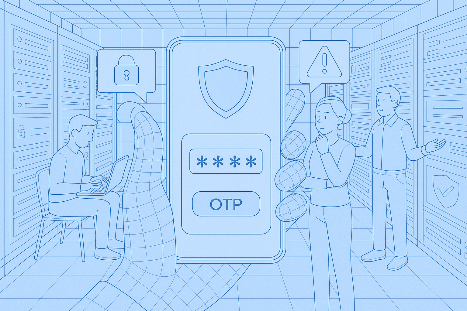 Illustration of hand holding smartphone with otp code in a data center interior setting, with a focused mood.