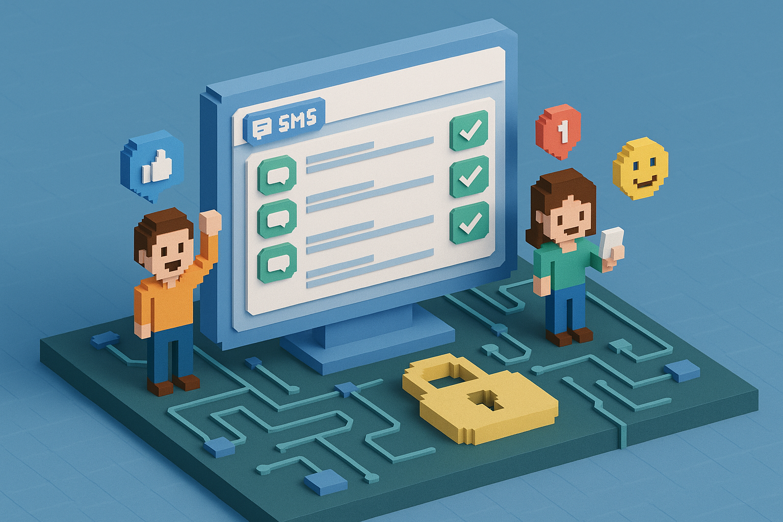 Illustration of dashboard rendering sms logs in a locked circuit board design setting, with a happy mood.