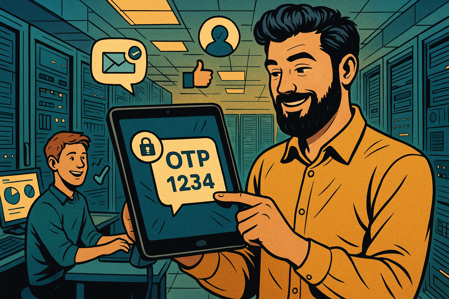 Illustration of otp message displayed on tablet in a data center interior setting, with a relaxed mood.