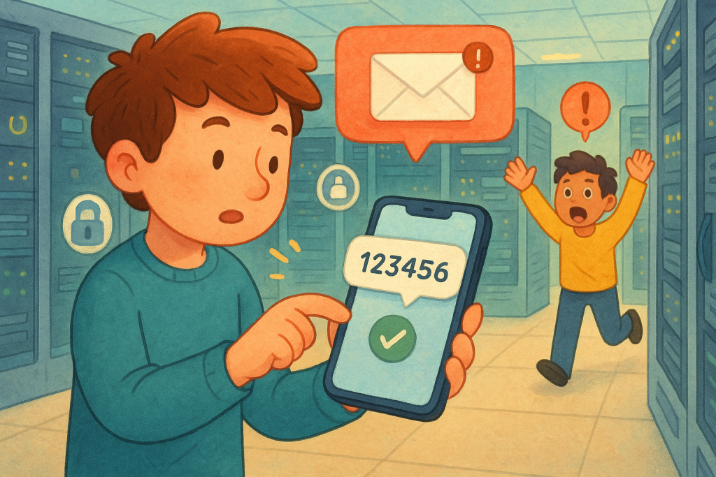 Illustration of user verifying login on app in a data center interior setting, with a determined mood.