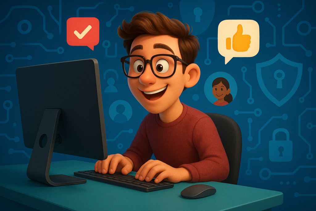 Illustration of developer working at computer screen in a abstract cybersecurity pattern setting, with a inspired mood.