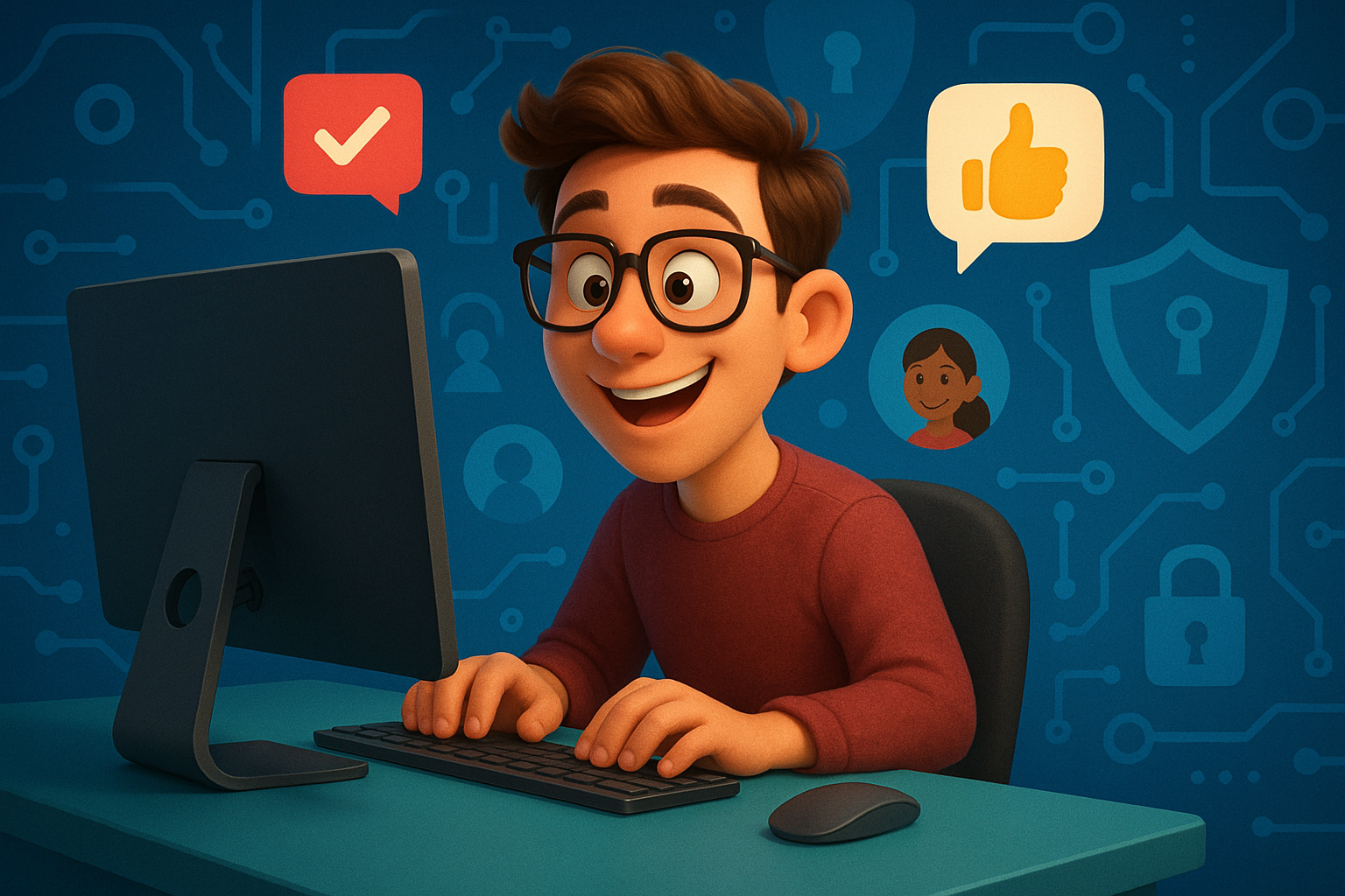 Illustration of developer working at computer screen in a abstract cybersecurity pattern setting, with a inspired mood.