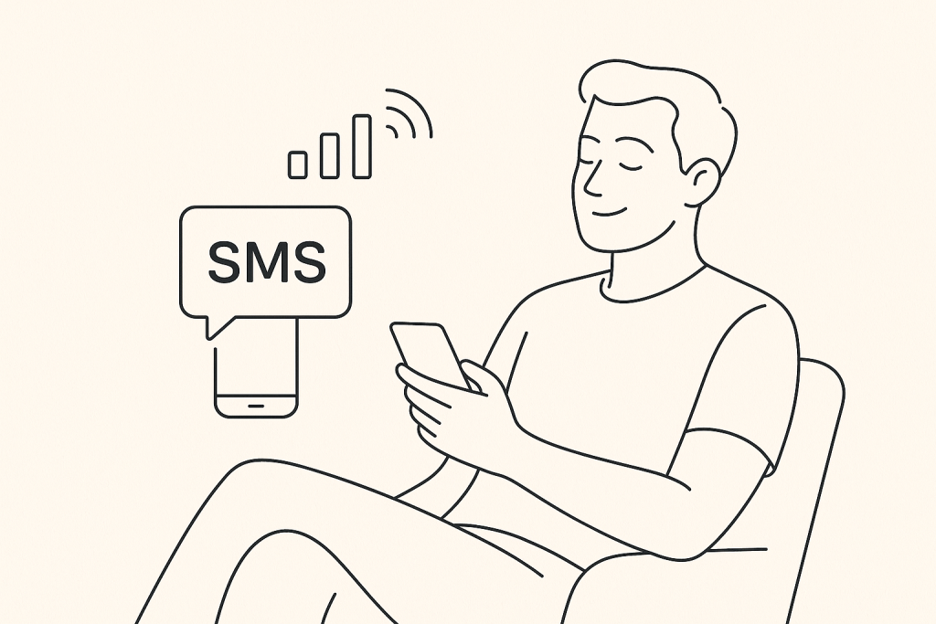 Illustration of sms notification popping up in a mobile signal icons setting, with a relaxed mood.