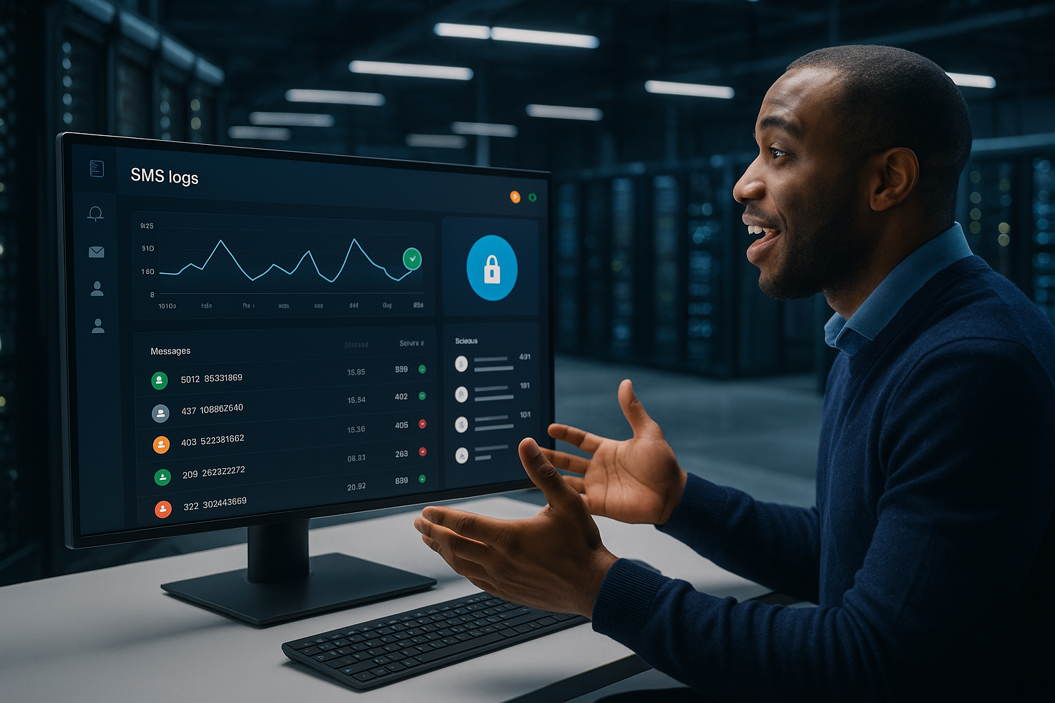 Illustration of dashboard rendering sms logs in a data center interior setting, with a inspired mood.