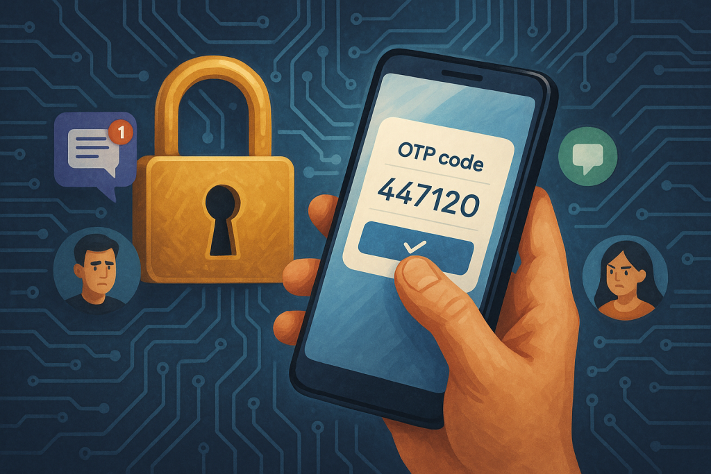 Illustration of hand holding smartphone with otp code in a locked circuit board design setting, with a focused mood.