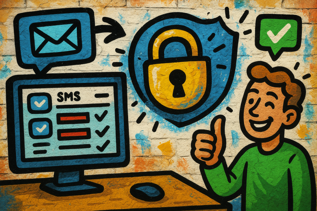 Illustration of dashboard rendering sms logs in a secure sms transmission visual setting, with a happy mood.