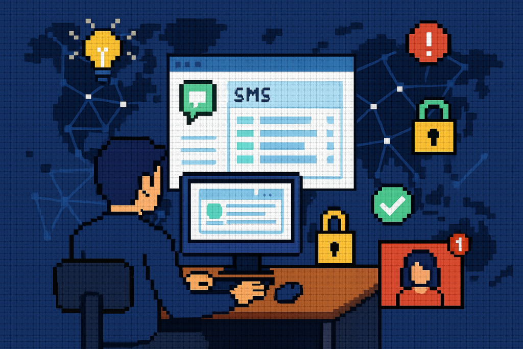 Illustration of dashboard rendering sms logs in a global map with connection nodes setting, with a creative mood.