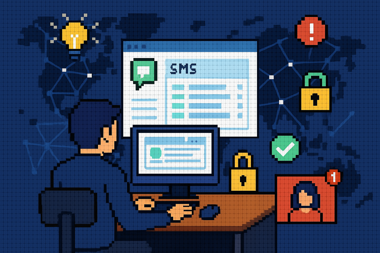 Illustration of dashboard rendering sms logs in a global map with connection nodes setting, with a creative mood.