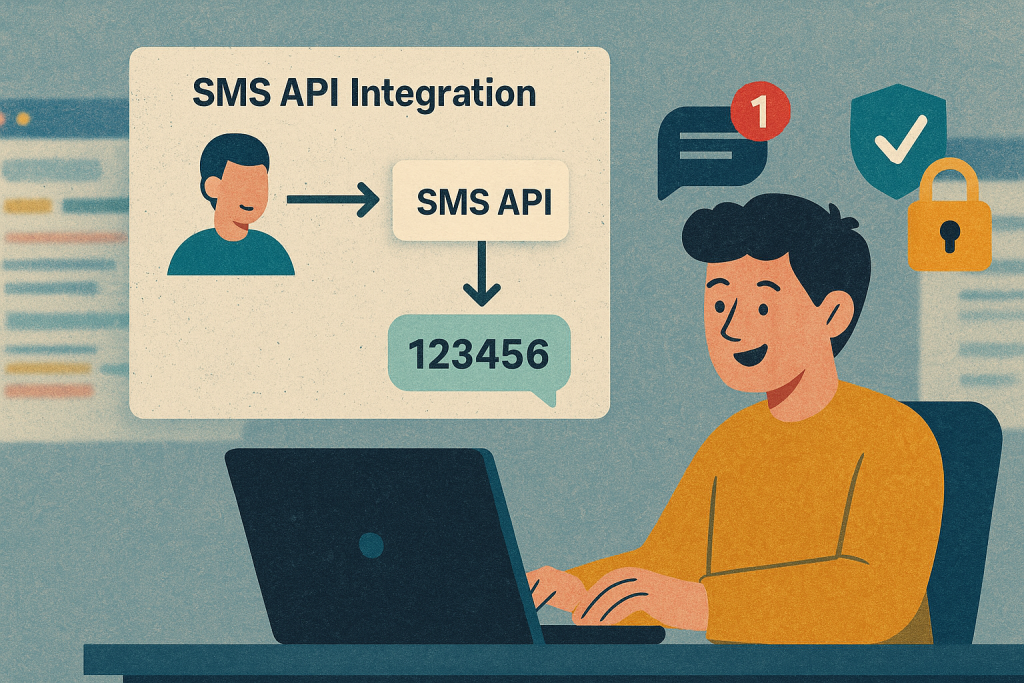 Illustration of sms api integration diagram in a dashboard screen blur setting, with a relaxed mood.