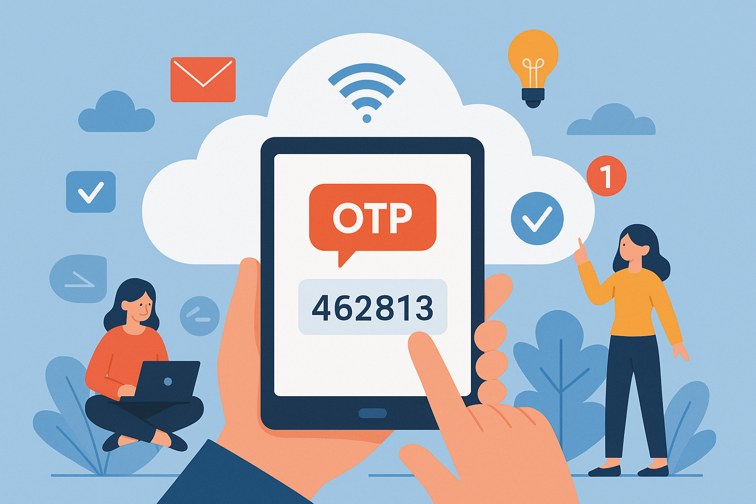 Illustration of otp message displayed on tablet in a cloud technology overlay setting, with a creative mood.