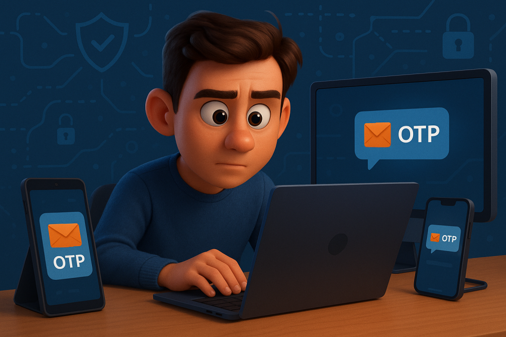 Illustration of multi-device setup receiving otp in a abstract cybersecurity pattern setting, with a focused mood.