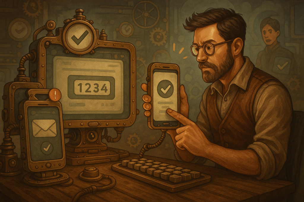 Illustration of multi-device setup receiving otp in a dashboard screen blur setting, with a determined mood.