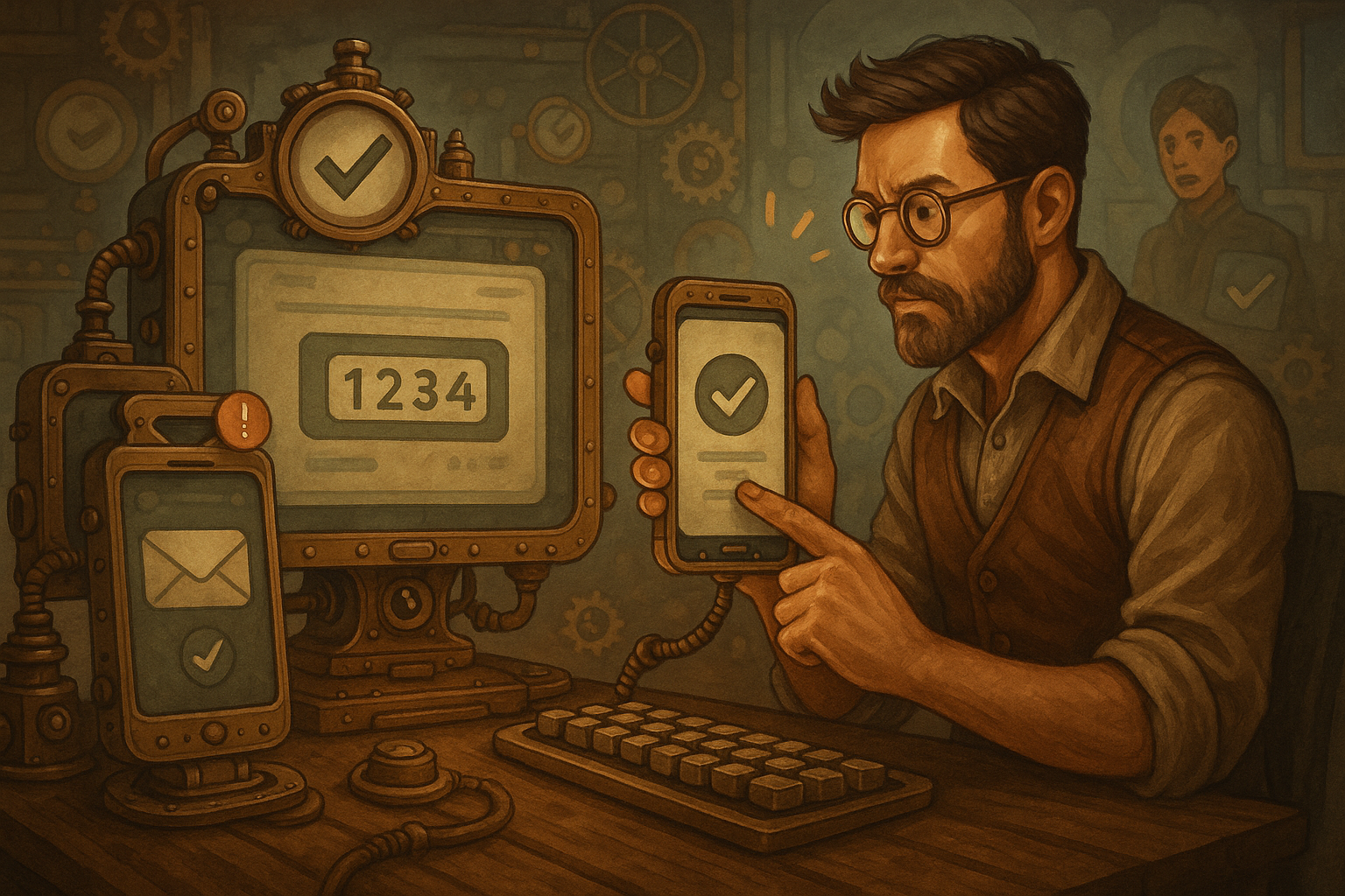 Illustration of multi-device setup receiving otp in a dashboard screen blur setting, with a determined mood.
