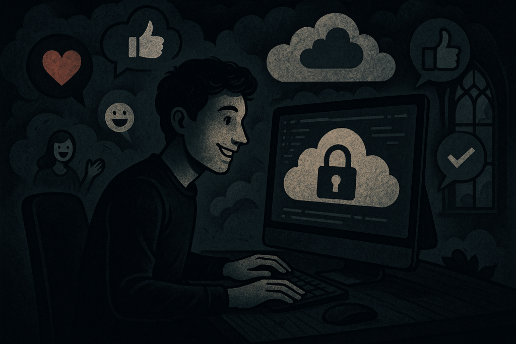 Illustration of developer working at computer screen in a cloud technology overlay setting, with a happy mood.