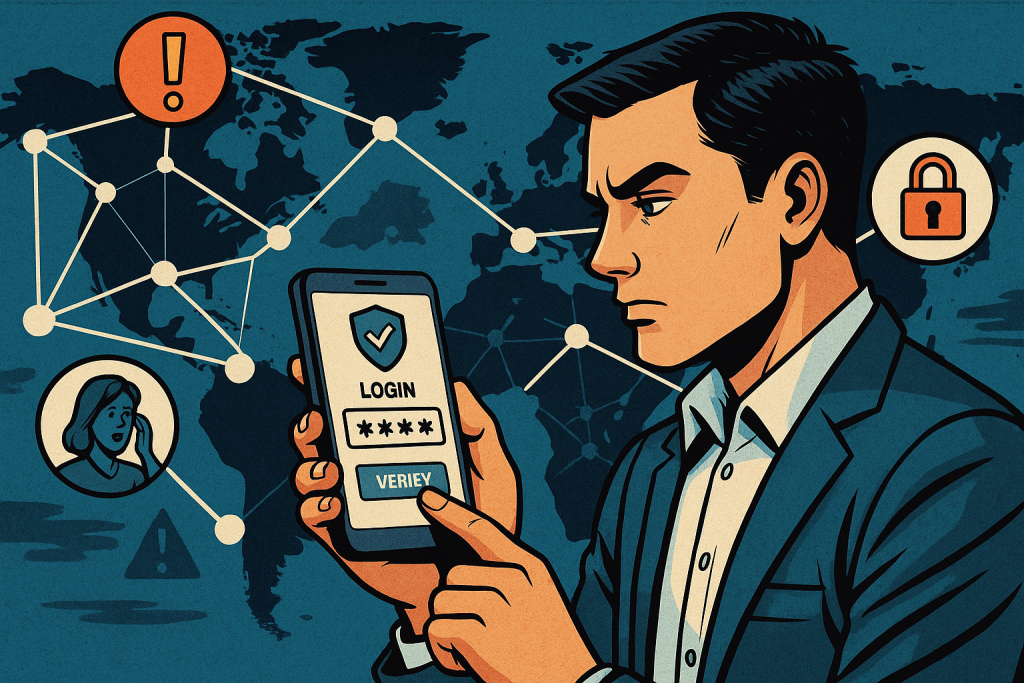 Illustration of user verifying login on app in a global map with connection nodes setting, with a determined mood.