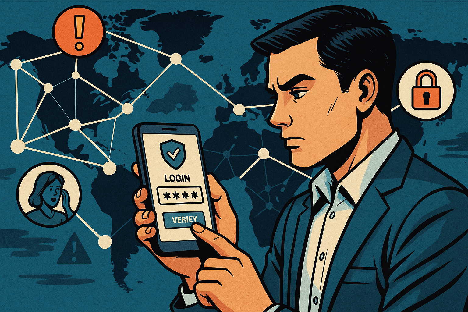 Illustration of user verifying login on app in a global map with connection nodes setting, with a determined mood.