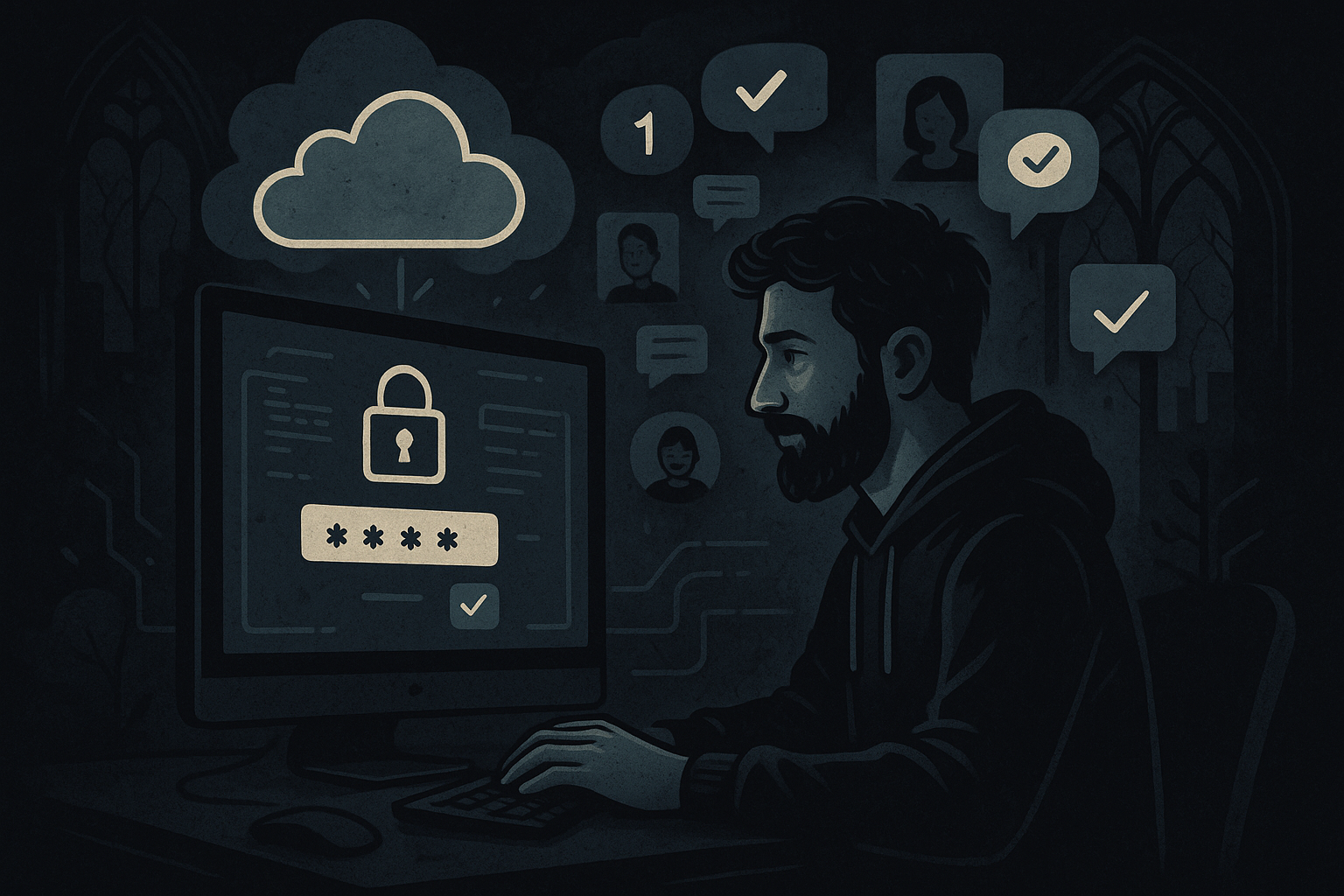 Illustration of developer working at computer screen in a cloud technology overlay setting, with a relaxed mood.